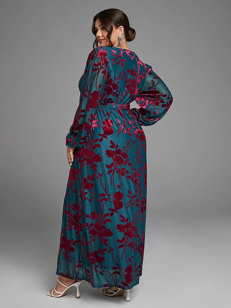 Fashionable printed velvet dress with pocket wrapping