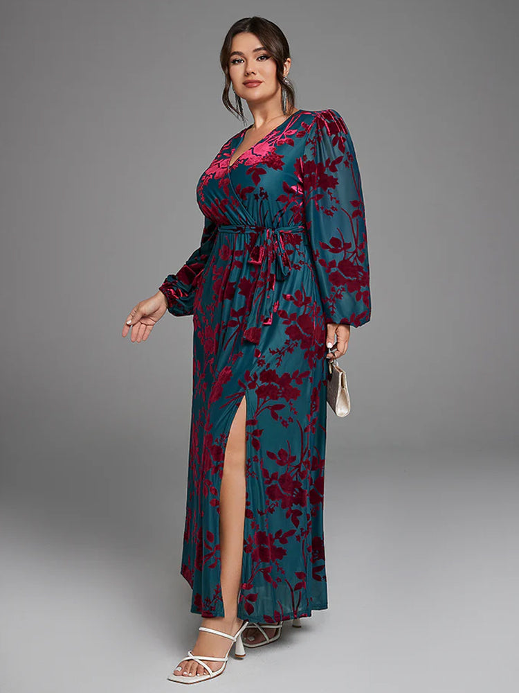 Fashionable printed velvet dress with pocket wrapping