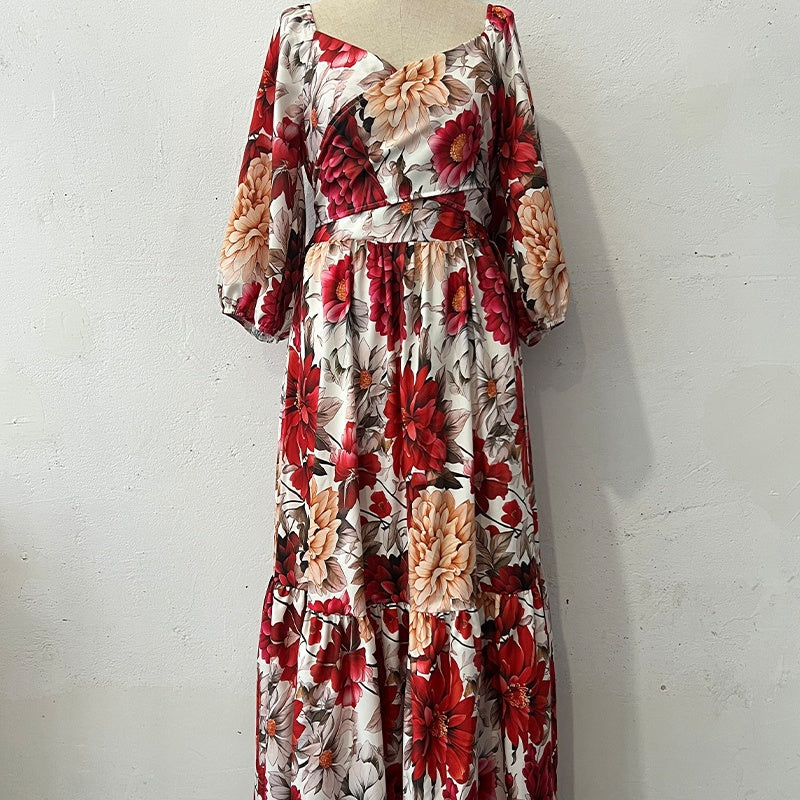 Damen V-Ausschnitt Floral Printed Plissee Kleid
