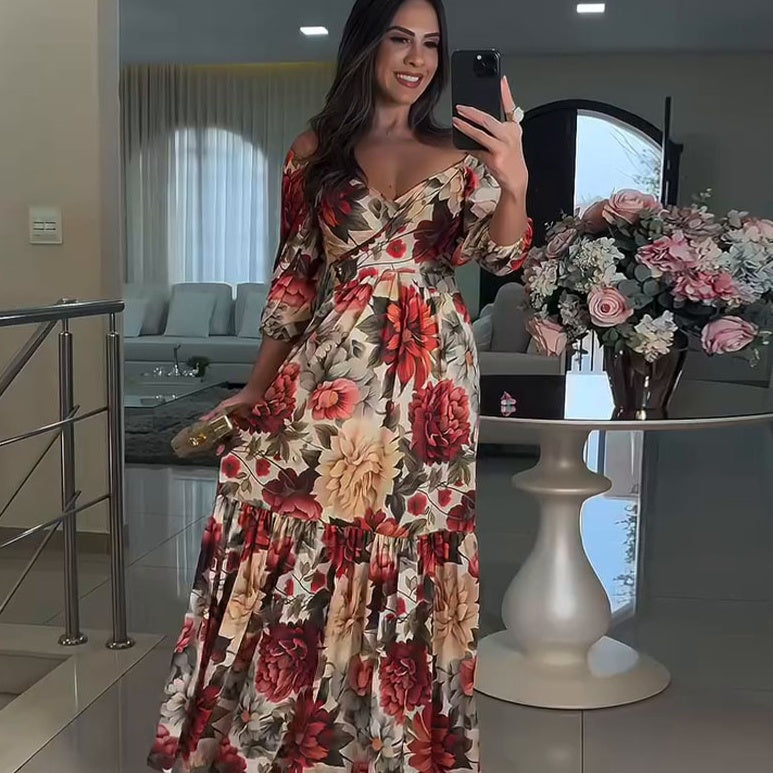 Damen V-Ausschnitt Floral Printed Plissee Kleid